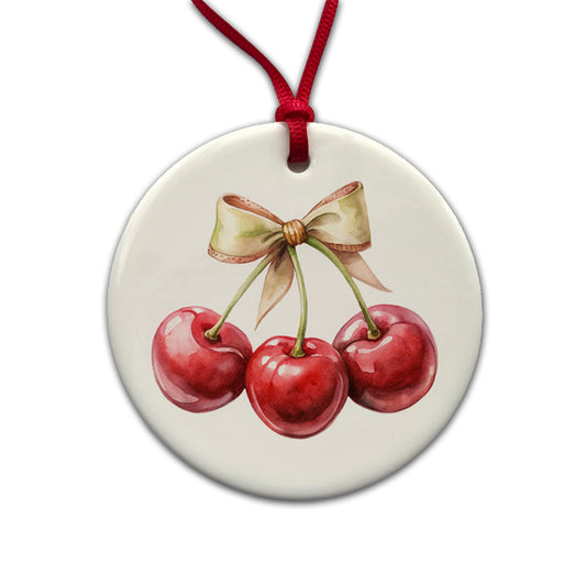Bow Tied Around Cherries Coquette Round Ceramic Holiday Christmas Tree Ornament