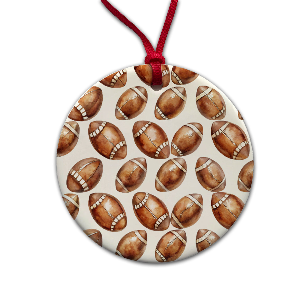 Bunch Of Brown Footballs Round Ceramic Holiday Christmas Tree Ornament