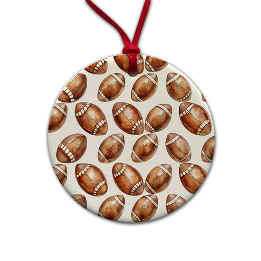 Bunch Of Brown Footballs Round Ceramic Holiday Christmas Tree Ornament