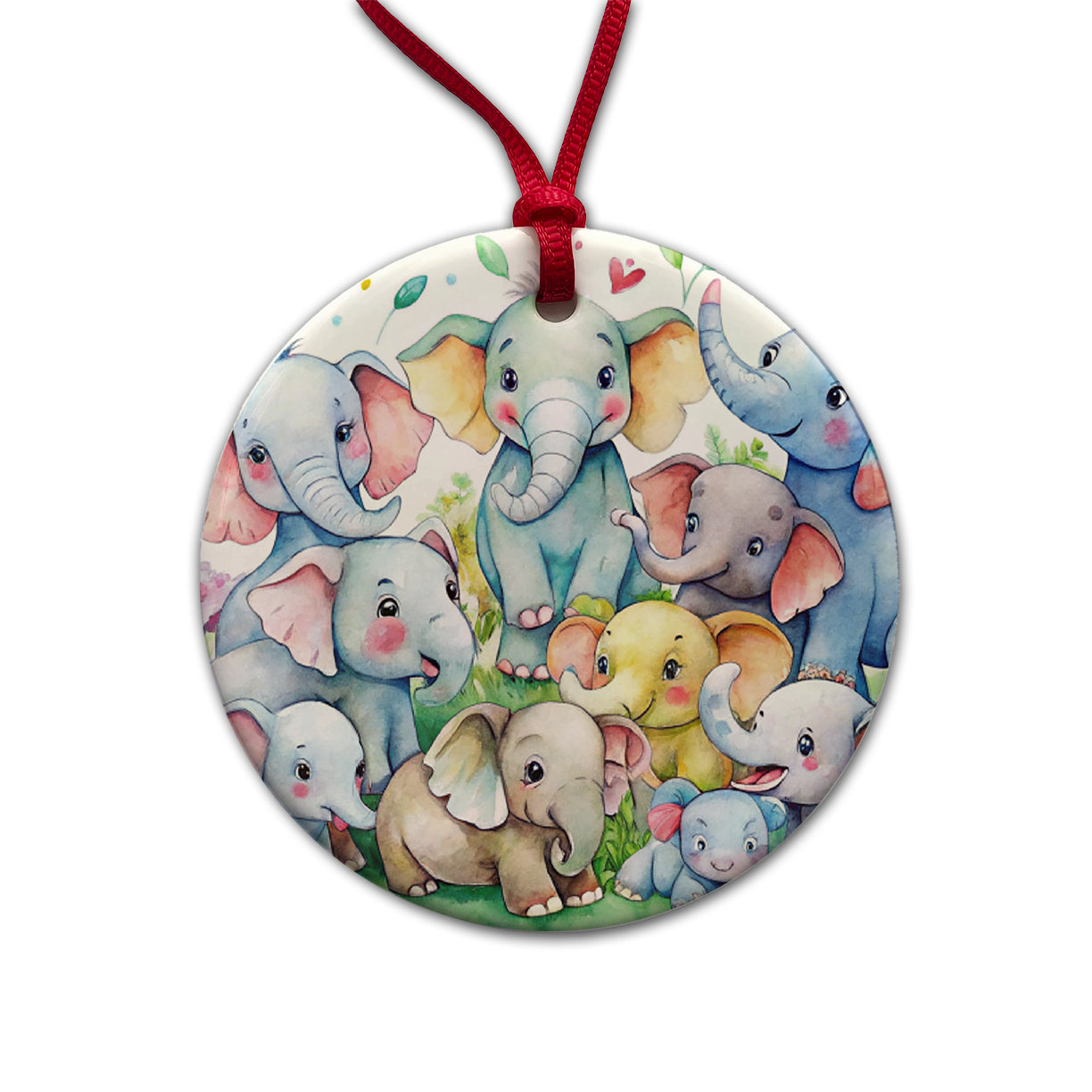 Bunch Of Cute Elephants Watercolor Round Ceramic Holiday Christmas Tree Ornament