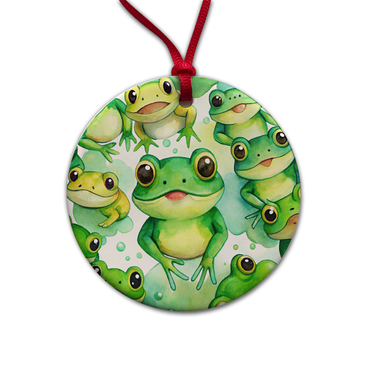 Bunch Of Cute Green Frogs Watercolor Round Ceramic Holiday Christmas Tree Ornament