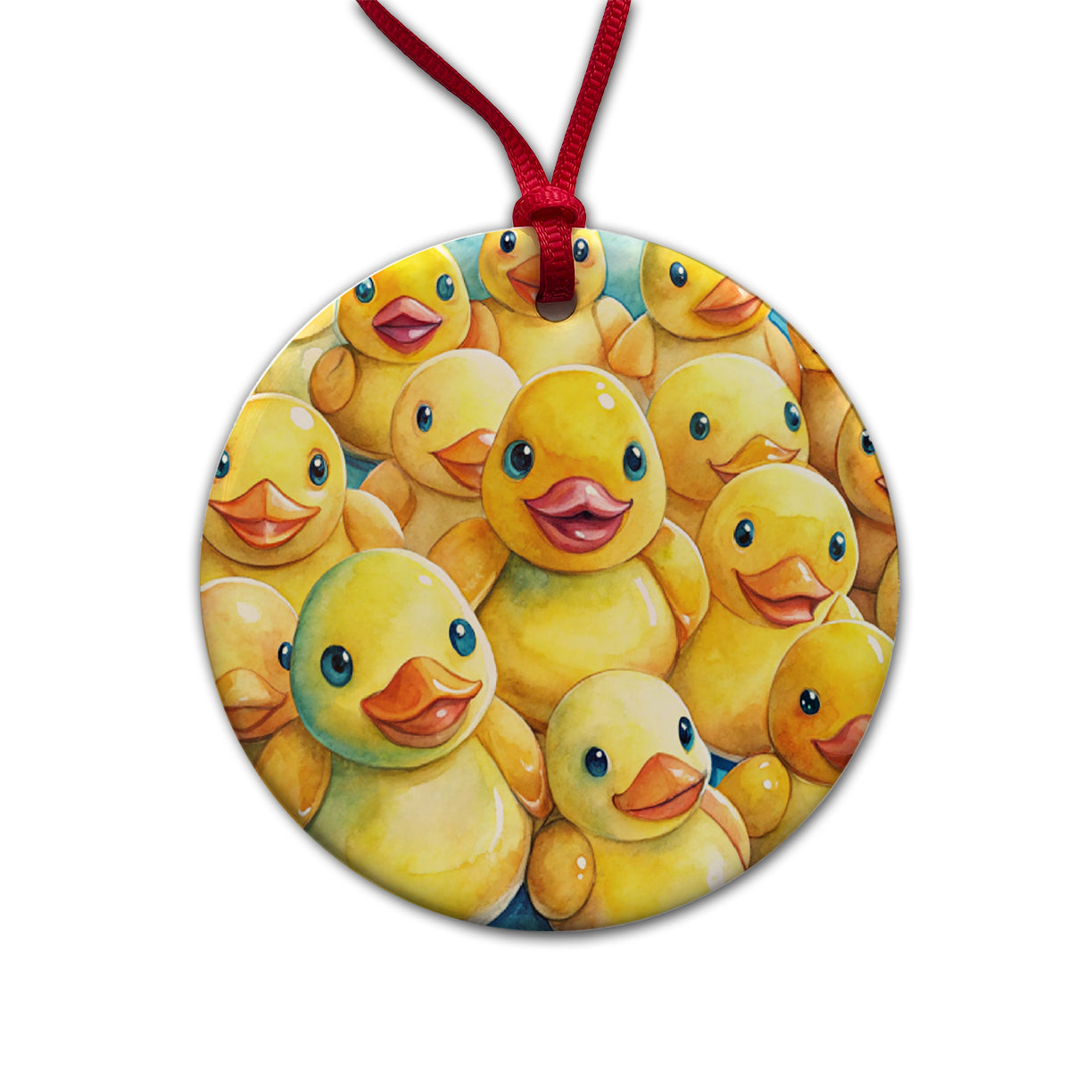 Bunch Of Cute Overlapping Rubber Ducks Round Ceramic Holiday Christmas Tree Ornament