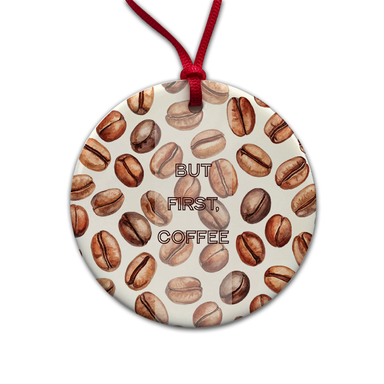 But First Coffee Beans Scattered Round Ceramic Holiday Christmas Tree Ornament