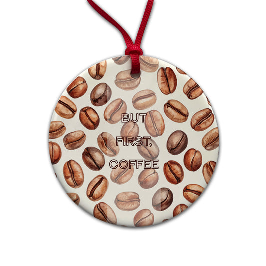 But First Coffee Beans Scattered Round Ceramic Holiday Christmas Tree Ornament