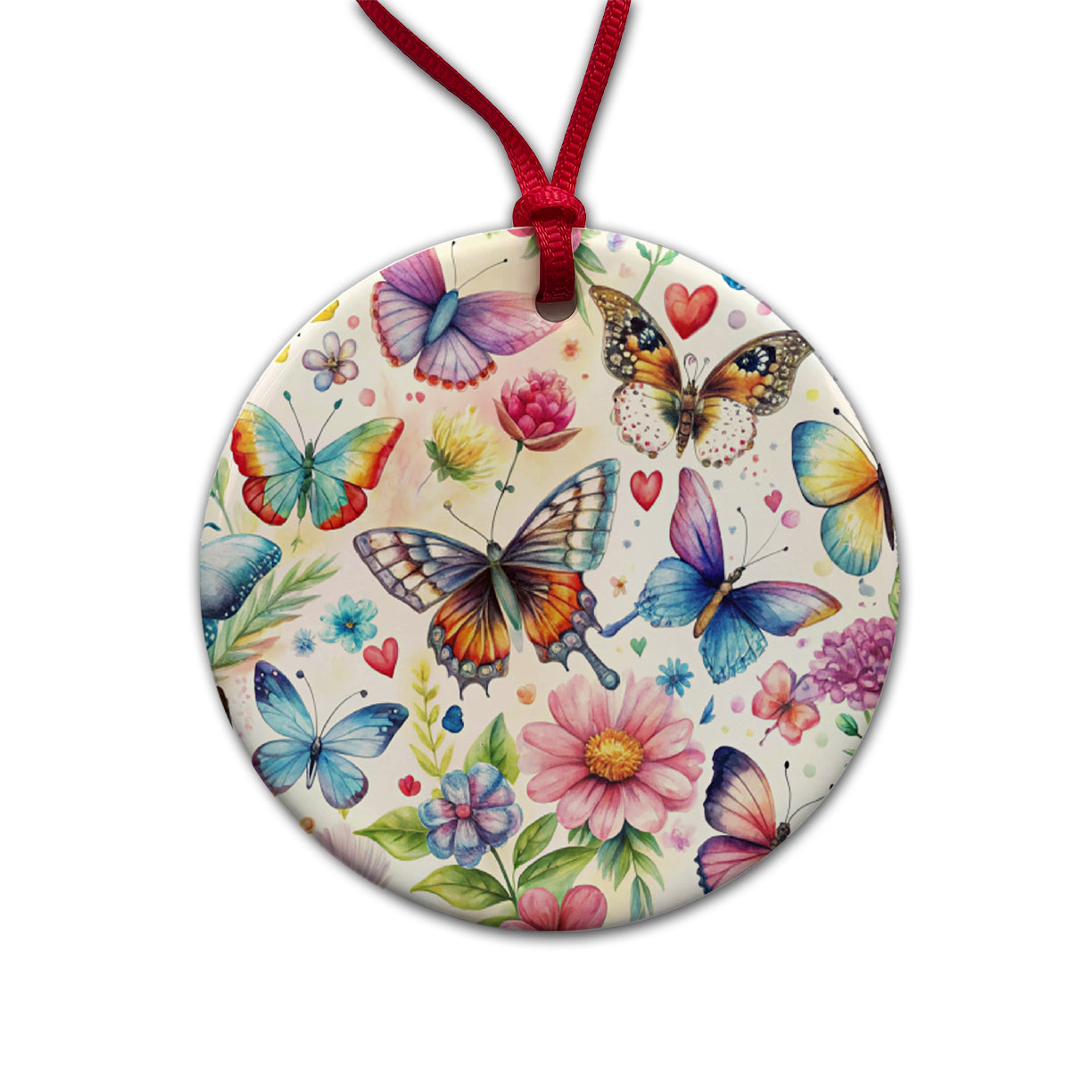 Butterflies Hearts Flowers Beautiful Watercolor Round Ceramic Holiday Christmas Tree Ornament
