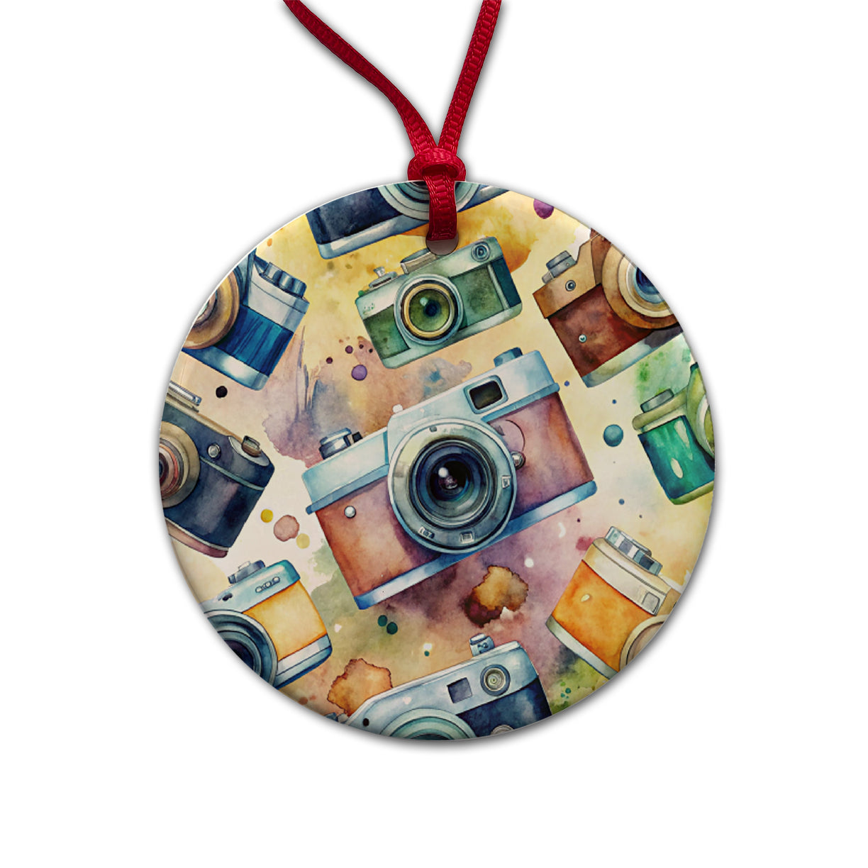 Cameras Retro 35mm Scattered Photographer Photography Watercolor Round Ceramic Holiday Christmas Tree Ornament