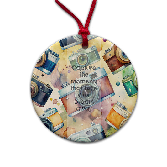 Capture Moments Take Breath Away Cameras Photography Inspirational Round Ceramic Holiday Christmas Tree Ornament