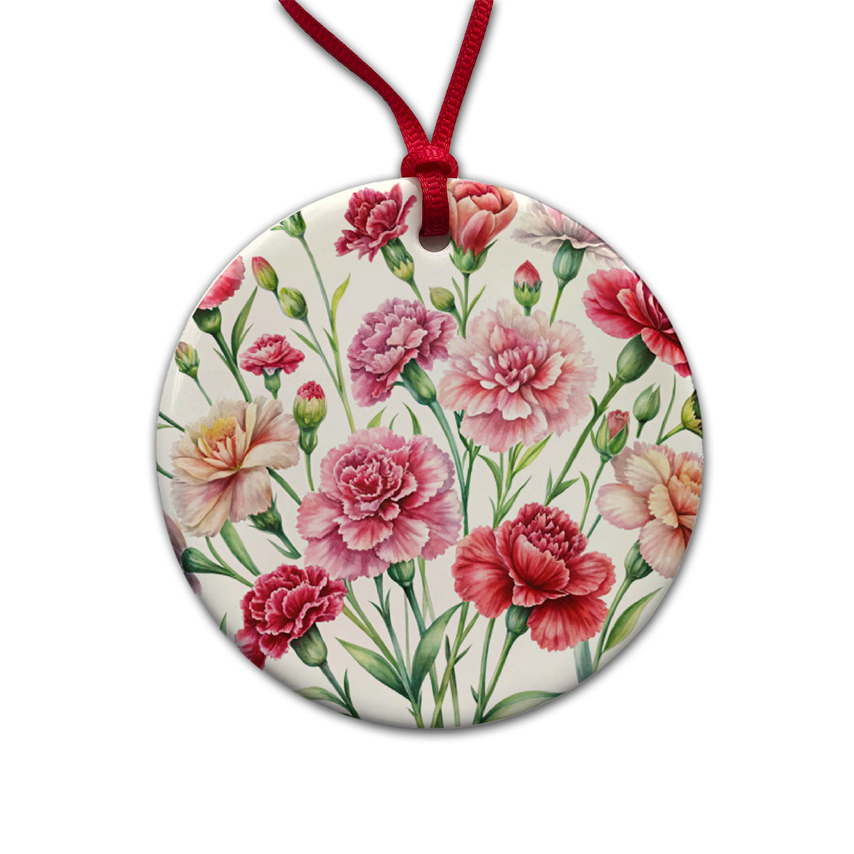 Carnations Flowers Watercolor Round Ceramic Holiday Christmas Tree Ornament