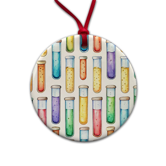 Cartoon Test Tubes Science Teacher Scientist Round Ceramic Holiday Christmas Tree Ornament