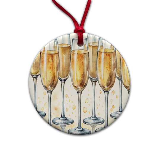 Champagne Glasses Round Ceramic Holiday Christmas Tree Ornament