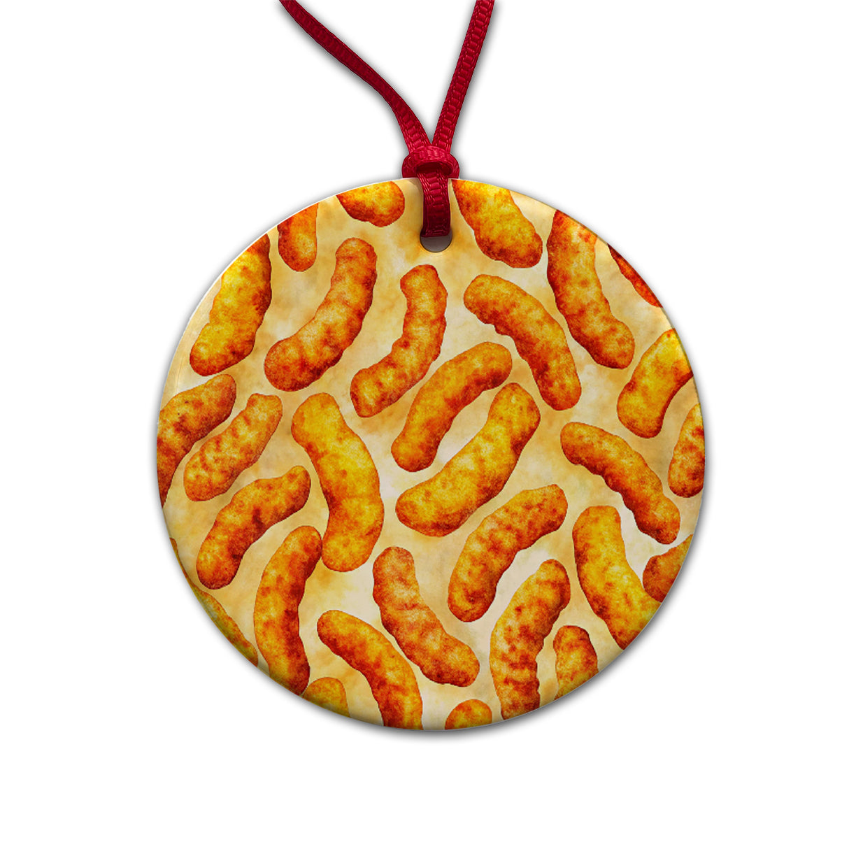 Cheese Curls Puffs Snacks Round Ceramic Holiday Christmas Tree Ornament