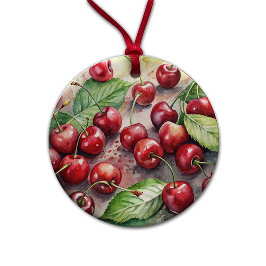 Cherries Fruit Watercolor Round Ceramic Holiday Christmas Tree Ornament