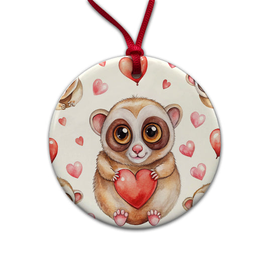 Chibi Slow Loris And Hearts Watercolor Round Ceramic Holiday Christmas Tree Ornament