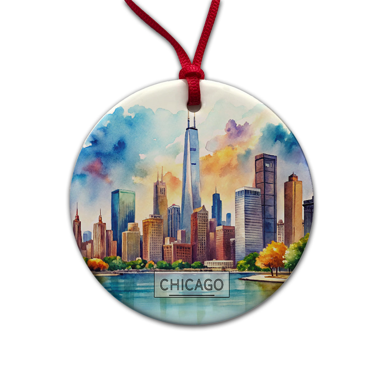 Chicago Illinois Travel City Watercolor Round Ceramic Holiday Christmas Tree Ornament