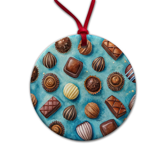 Chocolates Candy Blue Background Watercolor Round Ceramic Holiday Christmas Tree Ornament