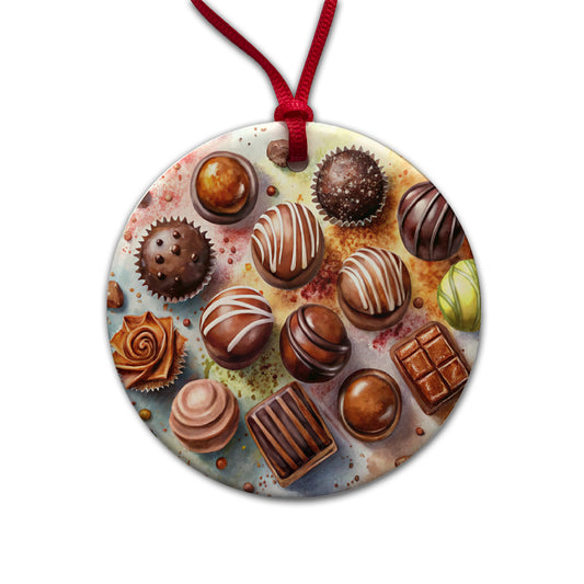 Chocolates Dark Milk Candy Watercolor Round Ceramic Holiday Christmas Tree Ornament