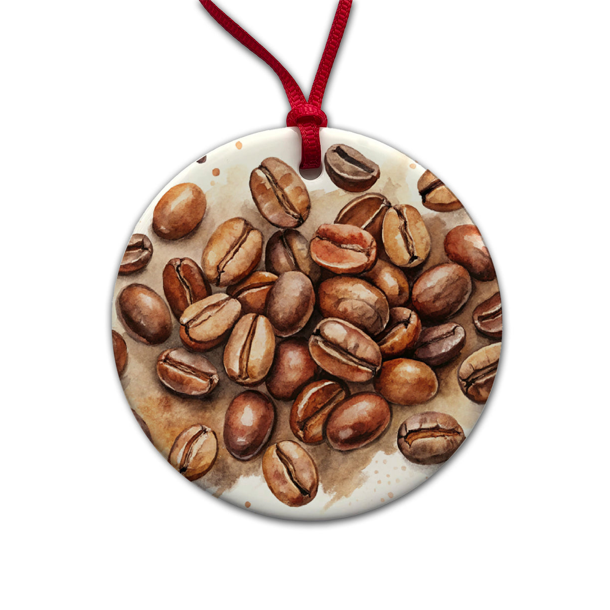 Coffee Beans Watercolor Round Ceramic Holiday Christmas Tree Ornament