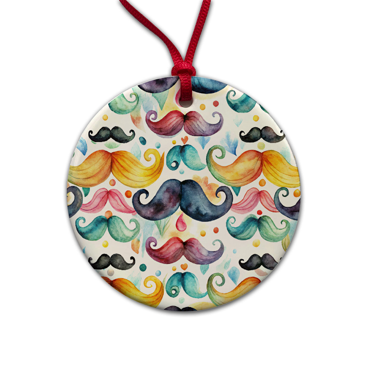 Colorful Mustaches Watercolor Round Ceramic Holiday Christmas Tree Ornament