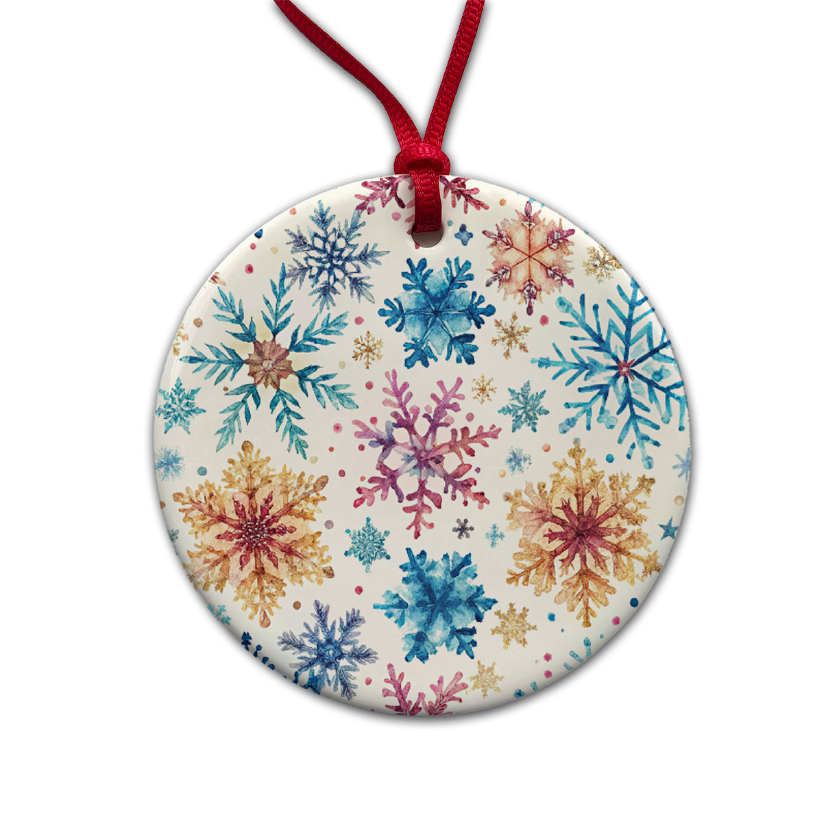 Colorful Snowflakes Winter Round Ceramic Holiday Christmas Tree Ornament