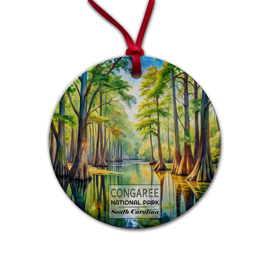 Congaree National Park South Carolina Watercolor Round Ceramic Holiday Christmas Tree Ornament