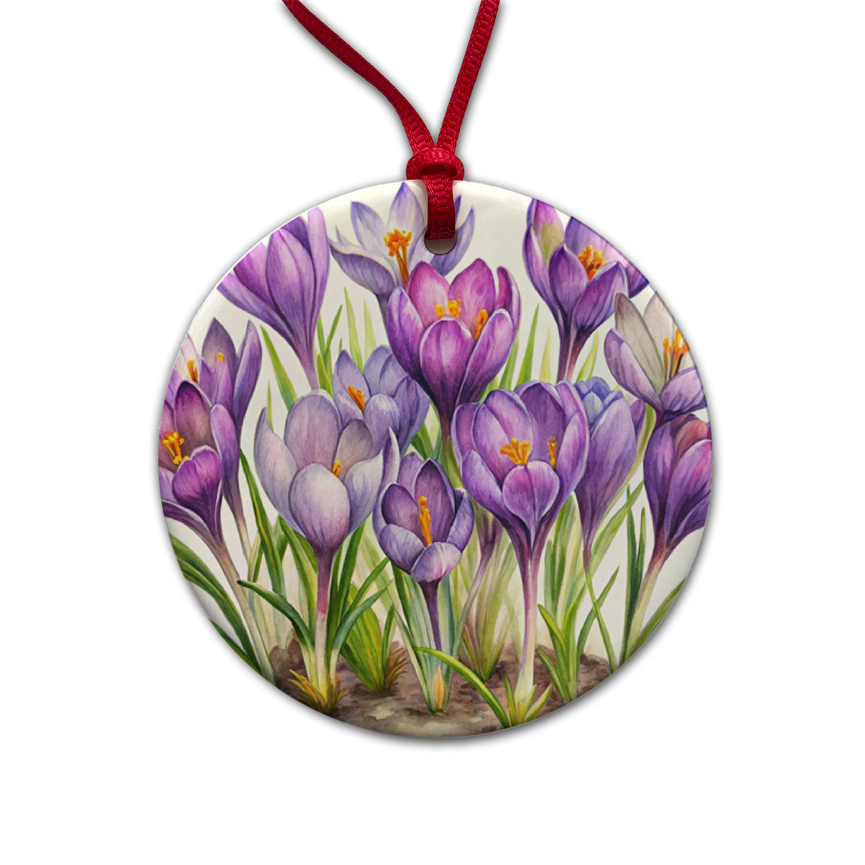Crocus Purple Flowers Watercolor Round Ceramic Holiday Christmas Tree Ornament