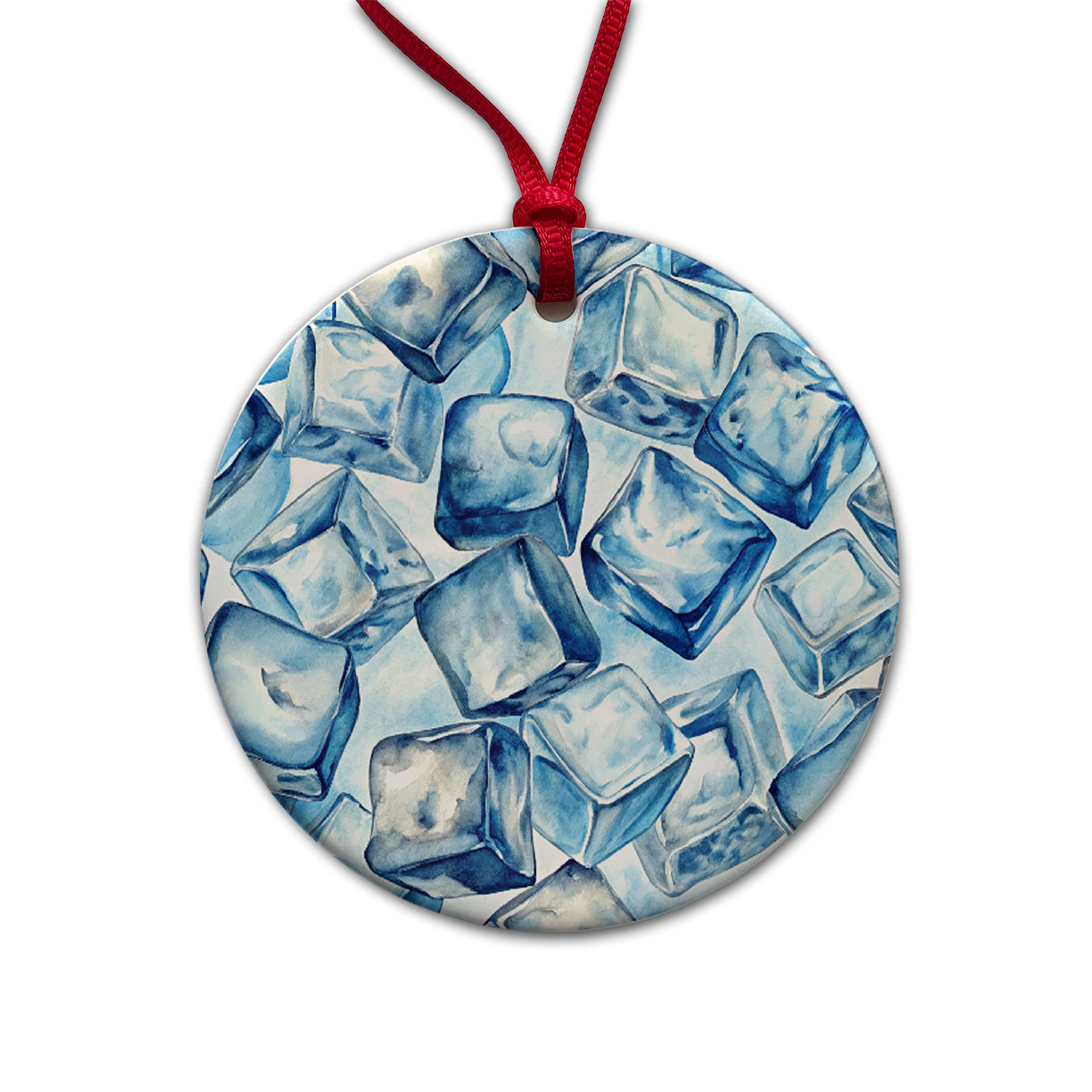 Crushed Ice Cubes Watercolor Round Ceramic Holiday Christmas Tree Ornament