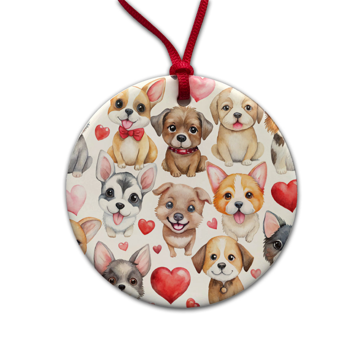 Cute Fun Dogs Hearts Watercolor Round Ceramic Holiday Christmas Tree Ornament