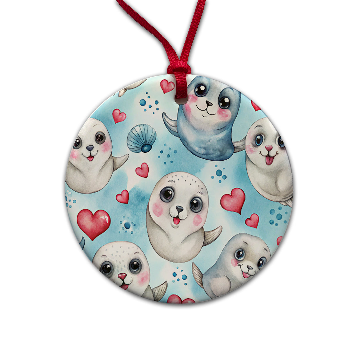 Cute Harp Seals And Hearts Watercolor Round Ceramic Holiday Christmas Tree Ornament