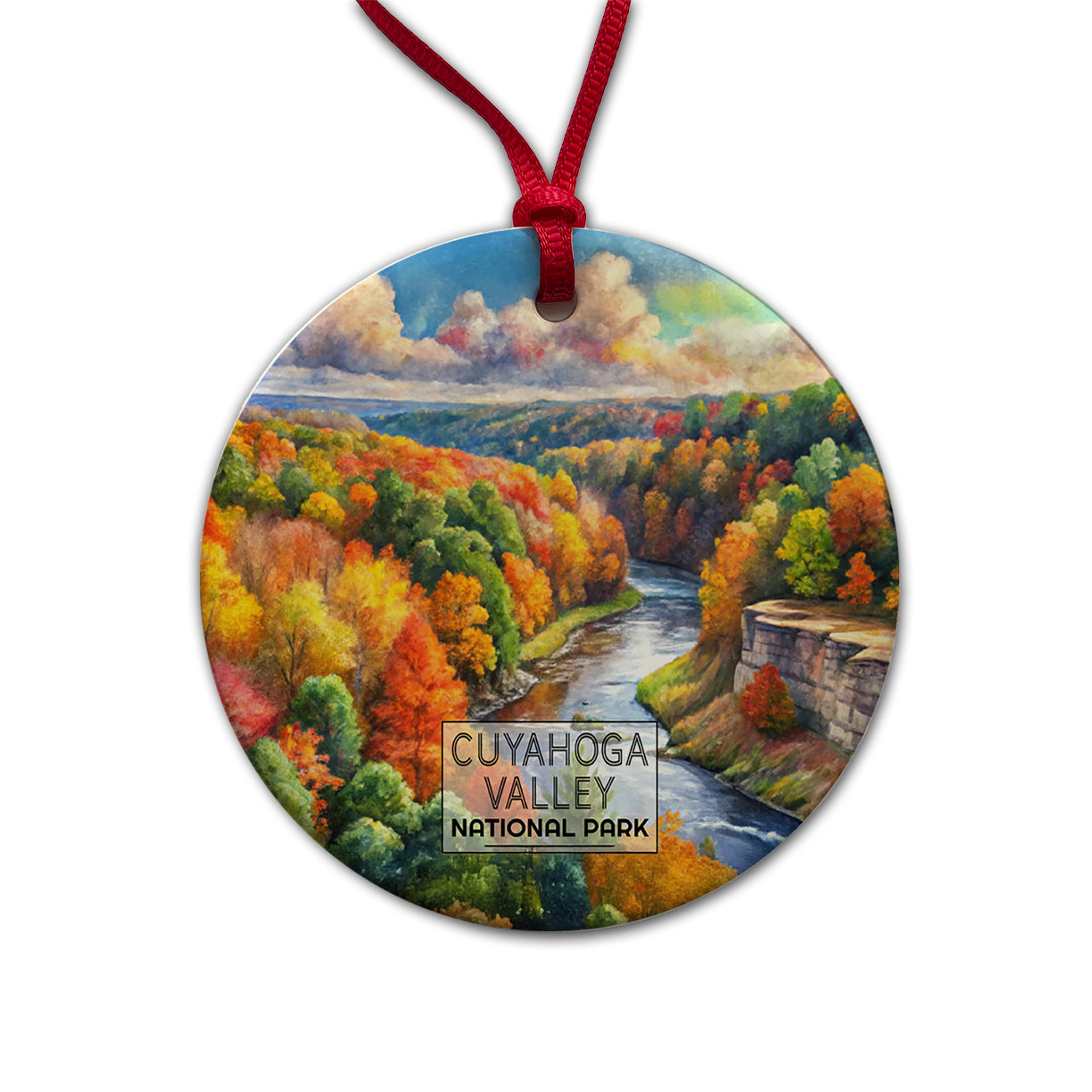 Cuyahoga Valley National Park Ohio Watercolor Round Ceramic Holiday Christmas Tree Ornament