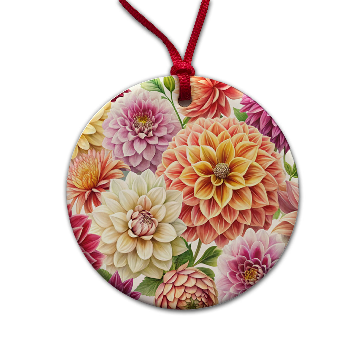 Dahlia Flowers Watercolor Round Ceramic Holiday Christmas Tree Ornament