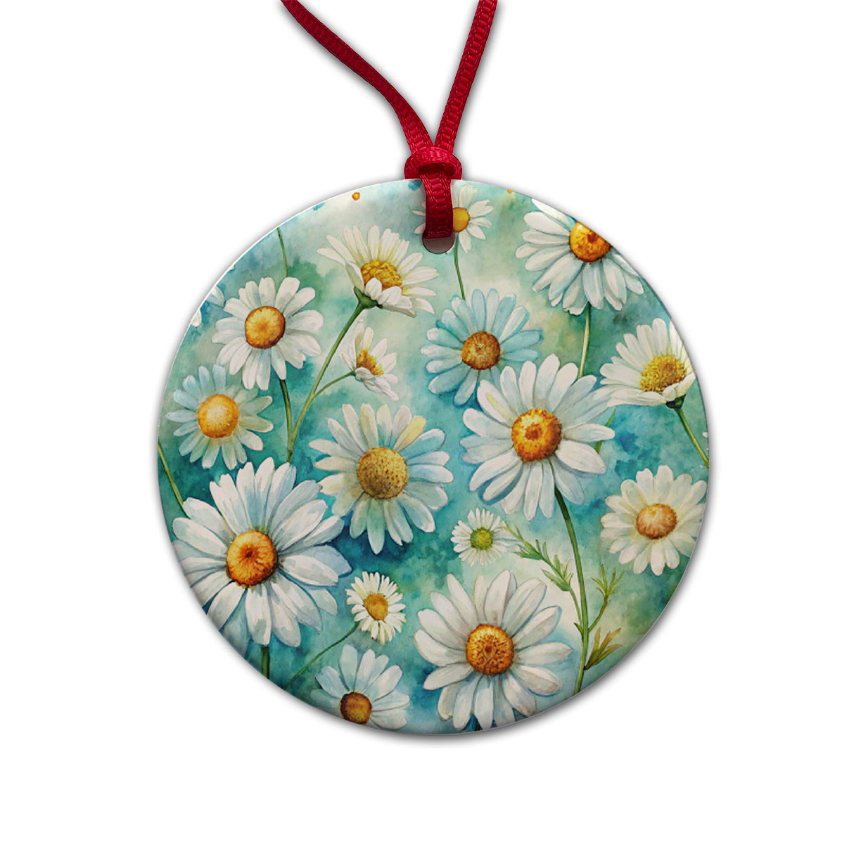 Daisies Daisy Flowers Watercolor Round Ceramic Holiday Christmas Tree Ornament