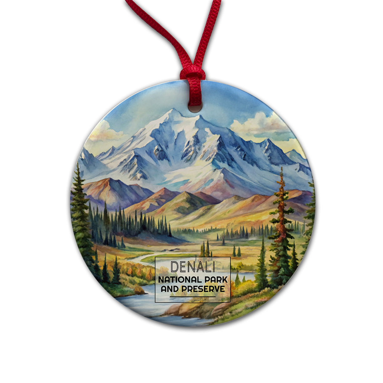 Denali National Park Alaska Watercolor Round Ceramic Holiday Christmas Tree Ornament