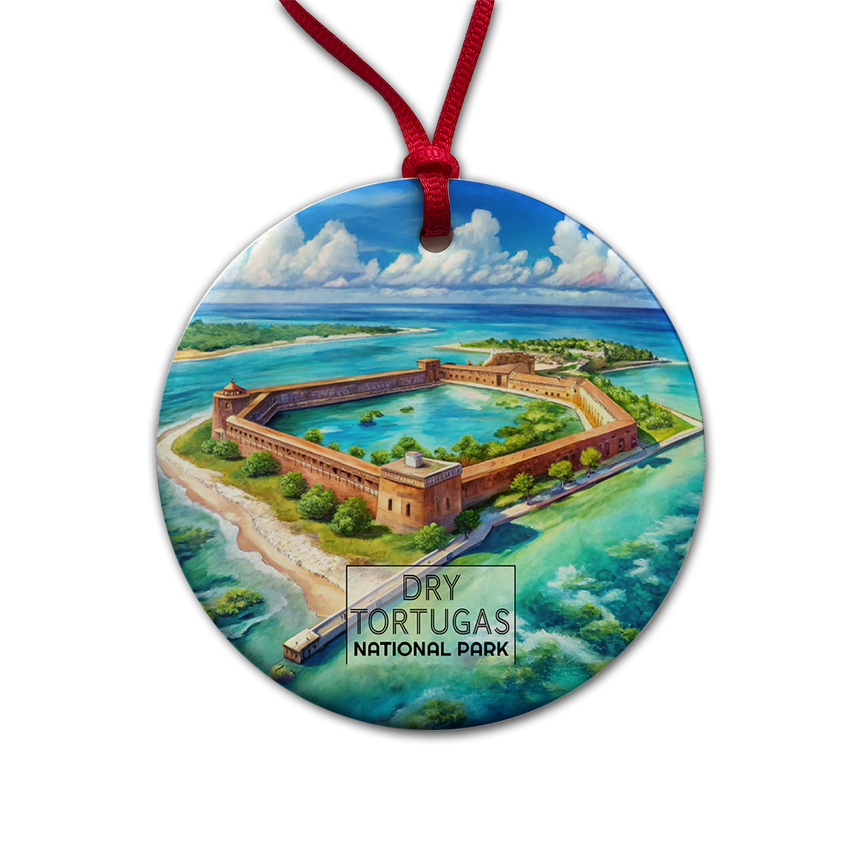 Dry Tortugas National Park Florida Watercolor Round Ceramic Holiday Christmas Tree Ornament