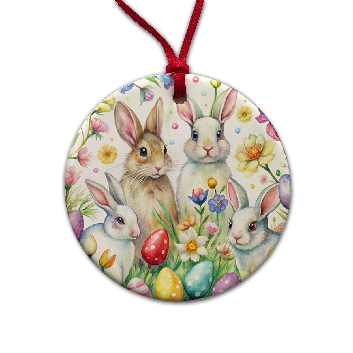 Easter Bunny Rabbit Eggs Flowers Round Ceramic Holiday Christmas Tree Ornament