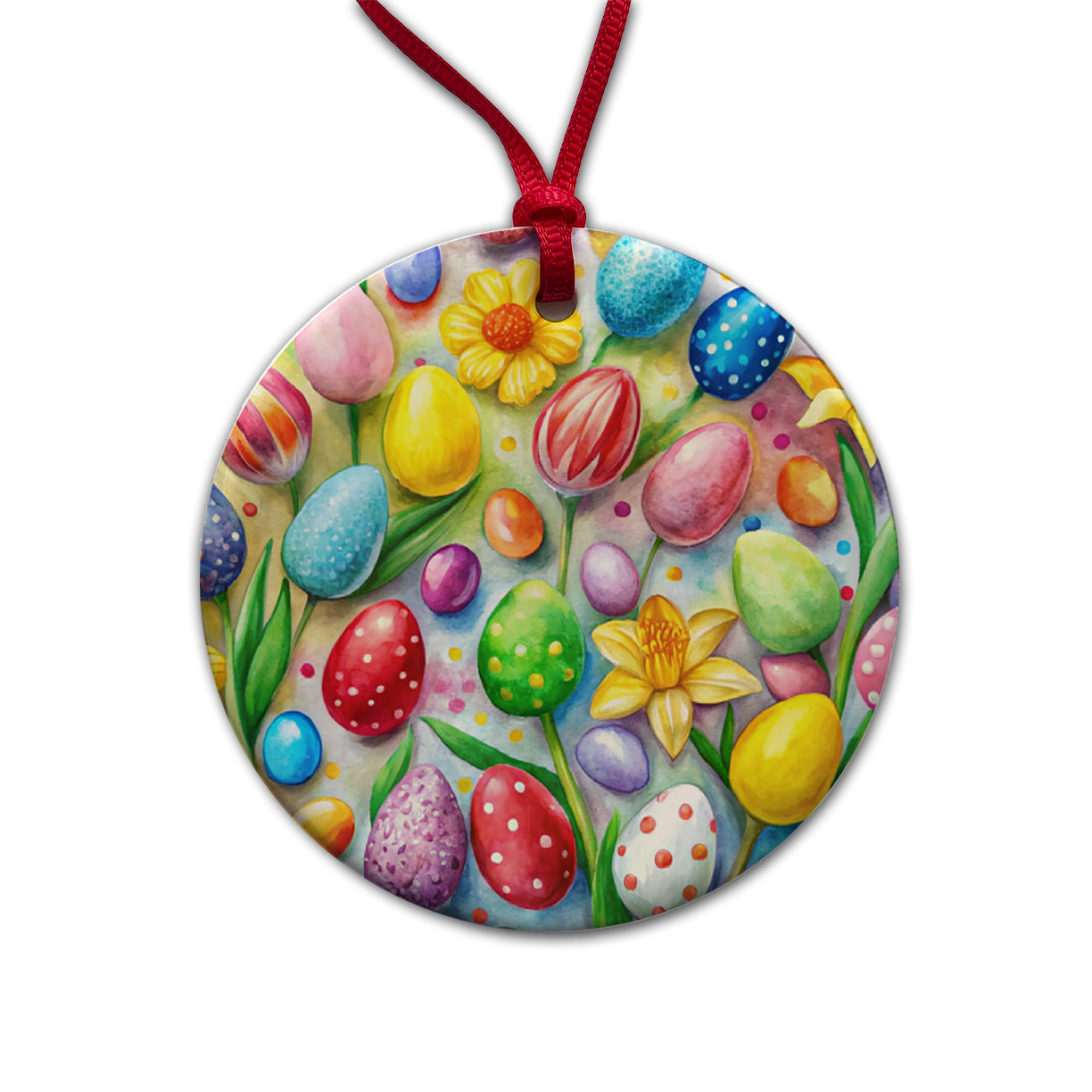 Easter Candy Eggs Flowers Round Ceramic Holiday Christmas Tree Ornament
