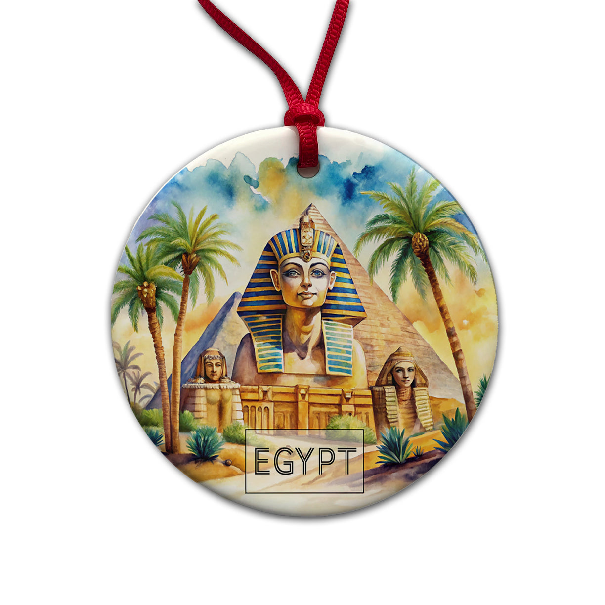 Egypt Pyramids Sphinx Travel Country Watercolor Round Ceramic Holiday Christmas Tree Ornament