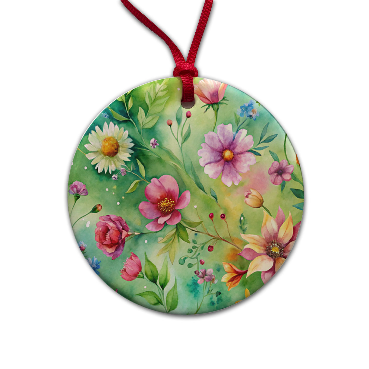 Flowers Green Background Watercolor Round Ceramic Holiday Christmas Tree Ornament