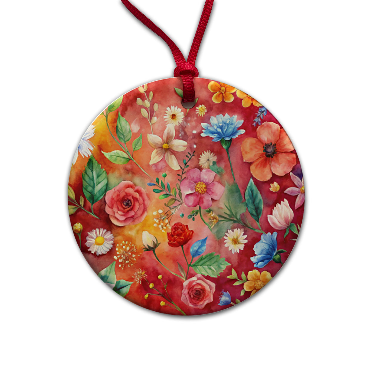 Flowers Red Background Watercolor Round Ceramic Holiday Christmas Tree Ornament