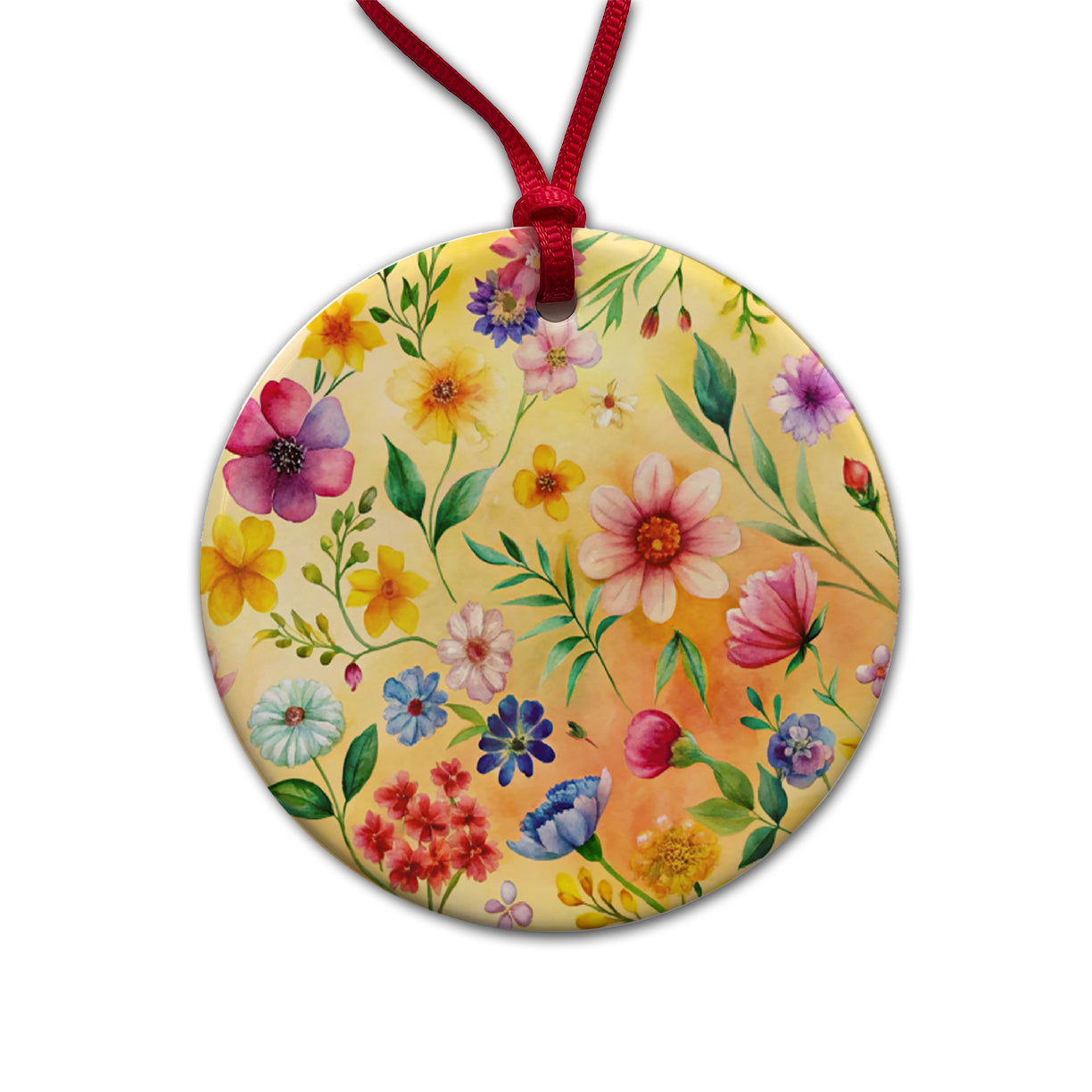 Flowers Yellow Background Watercolor Round Ceramic Holiday Christmas Tree Ornament