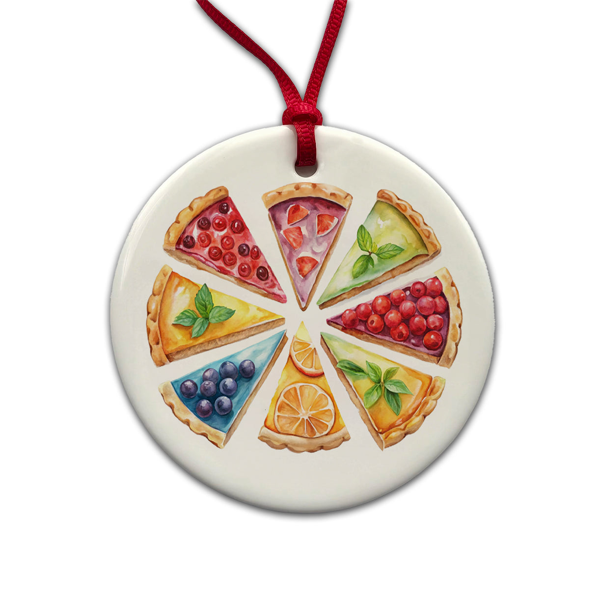 Fruit Pie Slices Round Ceramic Holiday Christmas Tree Ornament