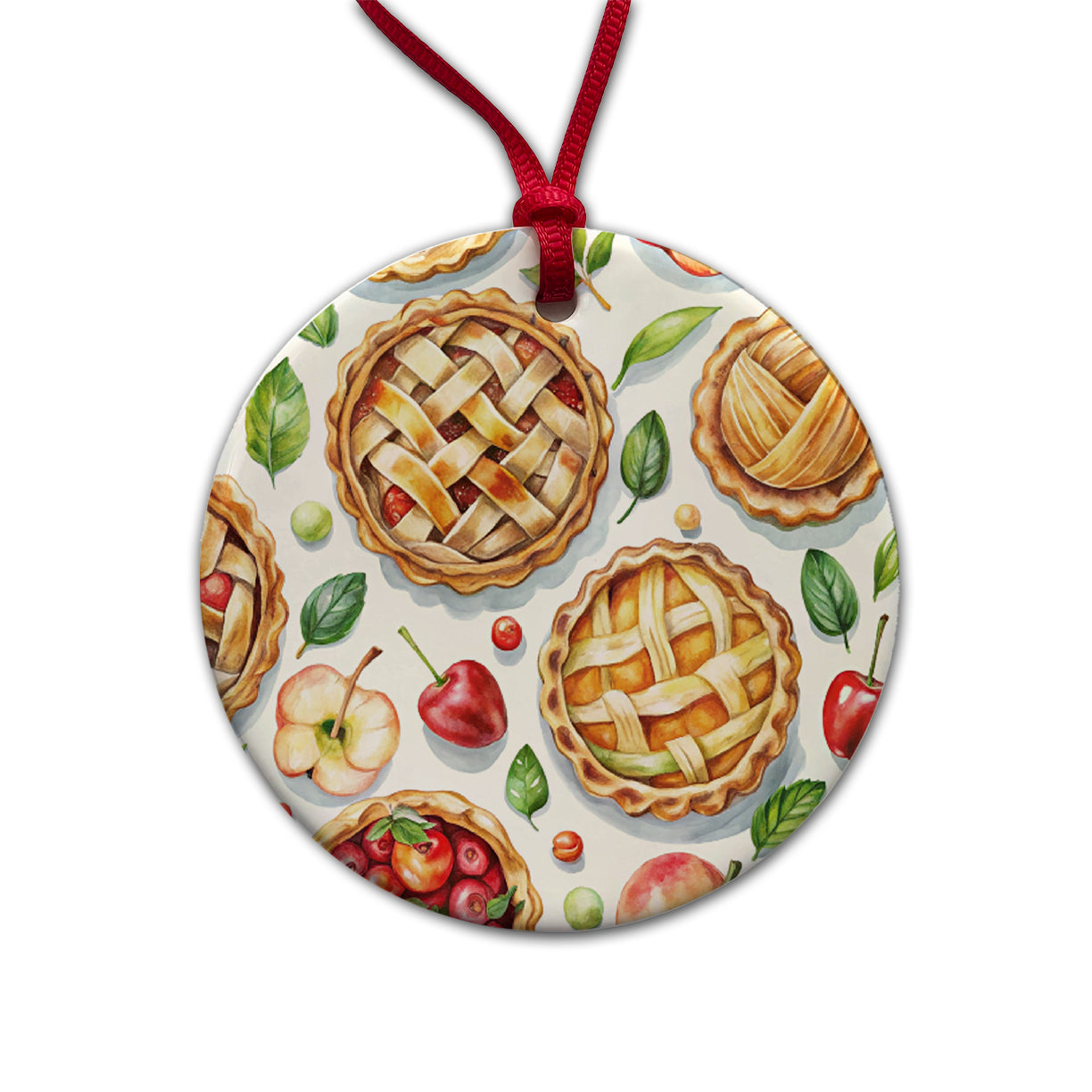 Fruit Pies Apple Cherry Round Ceramic Holiday Christmas Tree Ornament