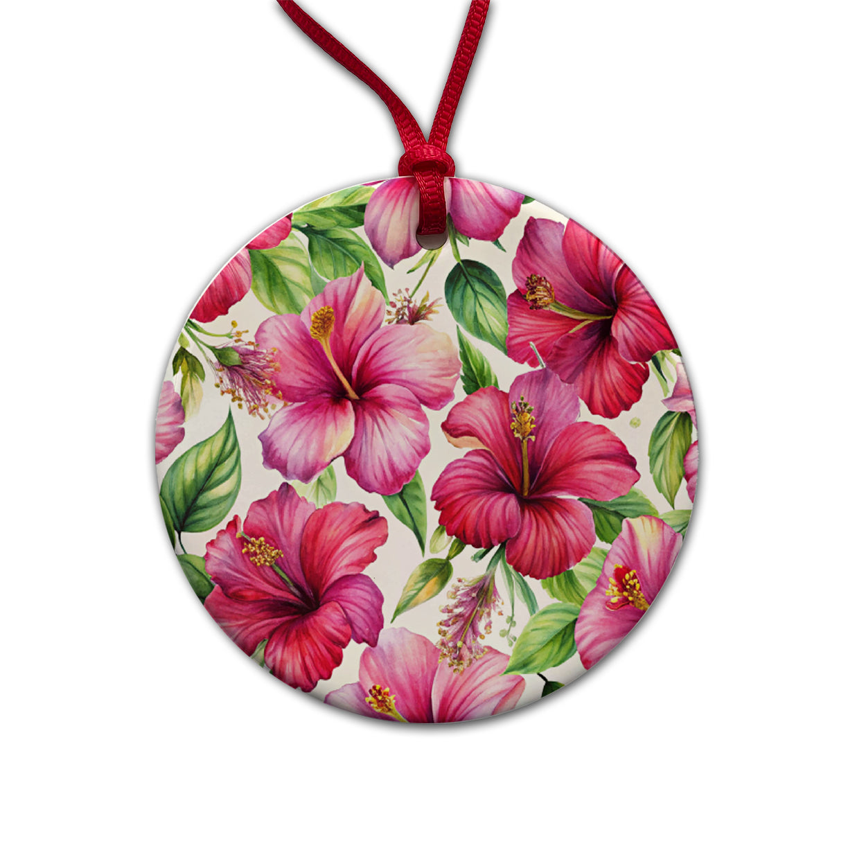 Fuchsia Hibiscus Flowers Watercolor Round Ceramic Holiday Christmas Tree Ornament