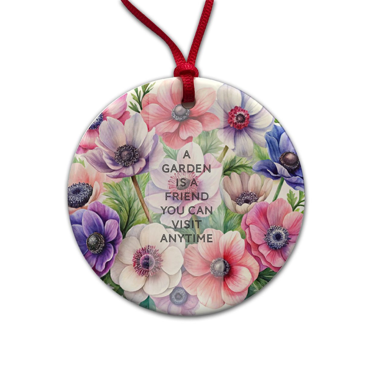 Garden Is Friend Inspirational Gardening Anemone Flowers Watercolor Round Ceramic Holiday Christmas Tree Ornament