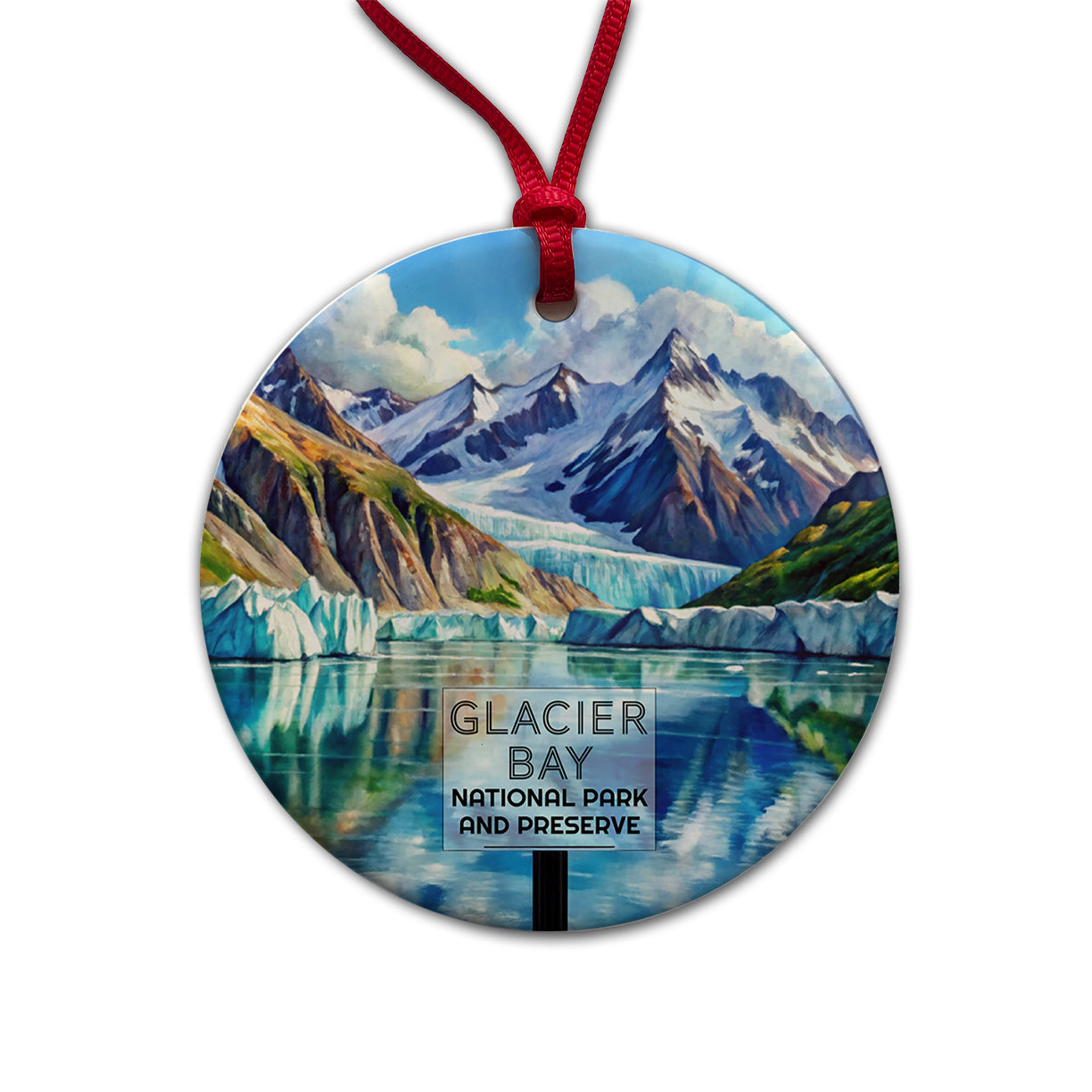 Glacier Bay National Park And Preserve Alaska Watercolor Round Ceramic Holiday Christmas Tree Ornament