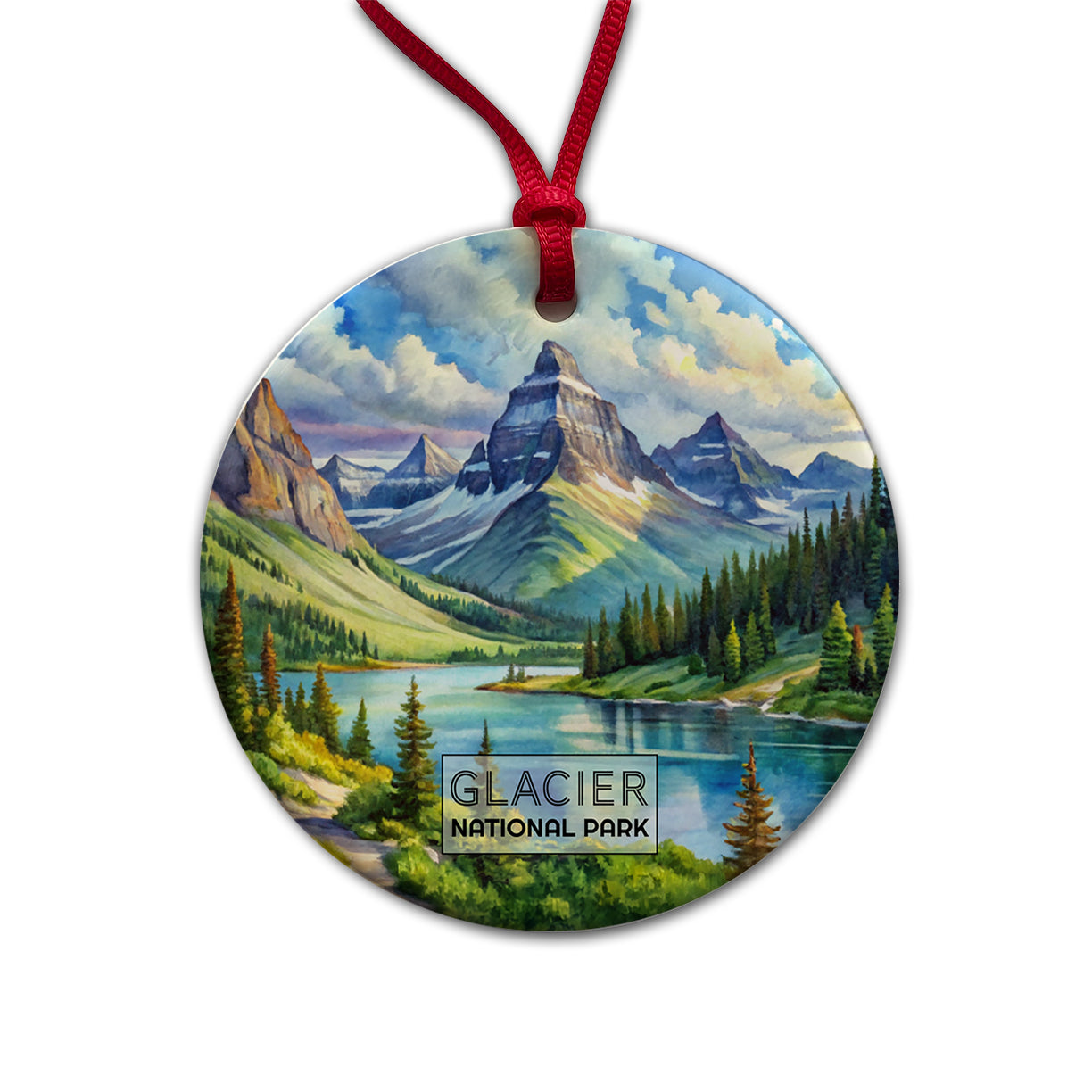 Glacier National Park Montana Watercolor Round Ceramic Holiday Christmas Tree Ornament