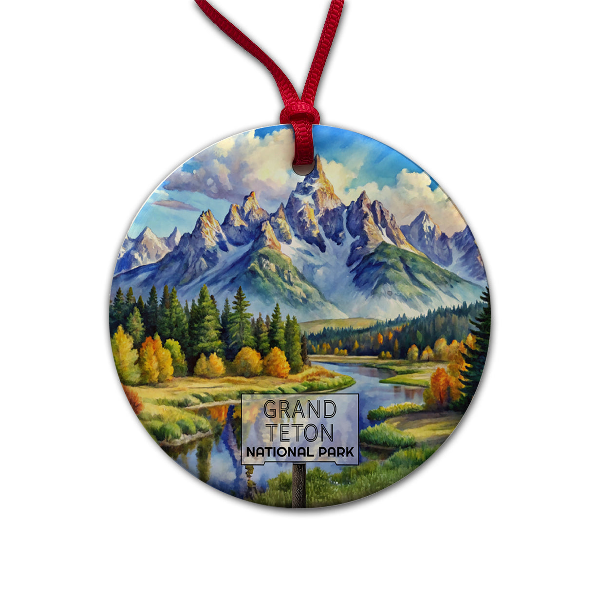 Grand Teton National Park Wyoming Watercolor Round Ceramic Holiday Christmas Tree Ornament