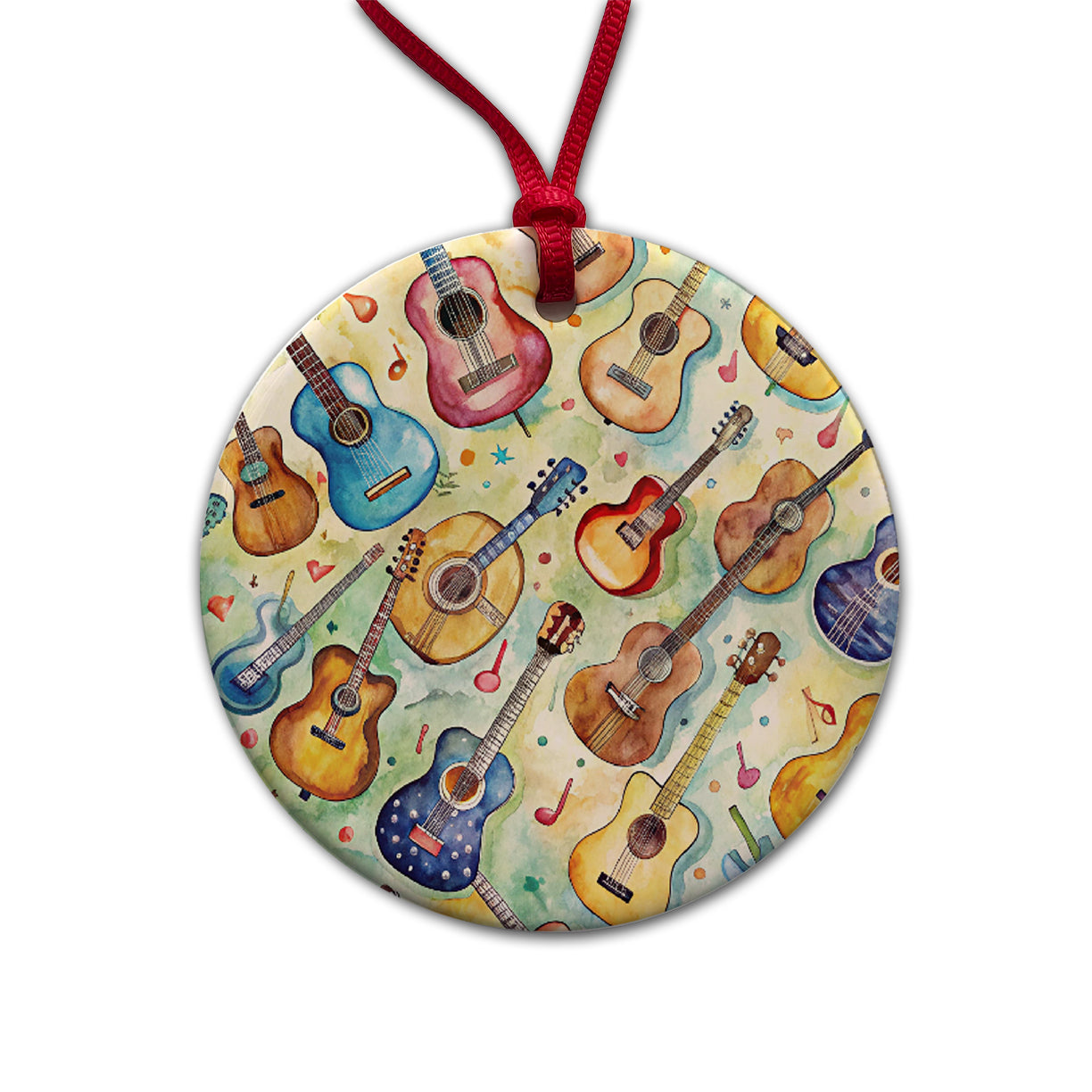 Guitars Artistic Colorful Music Round Ceramic Holiday Christmas Tree Ornament