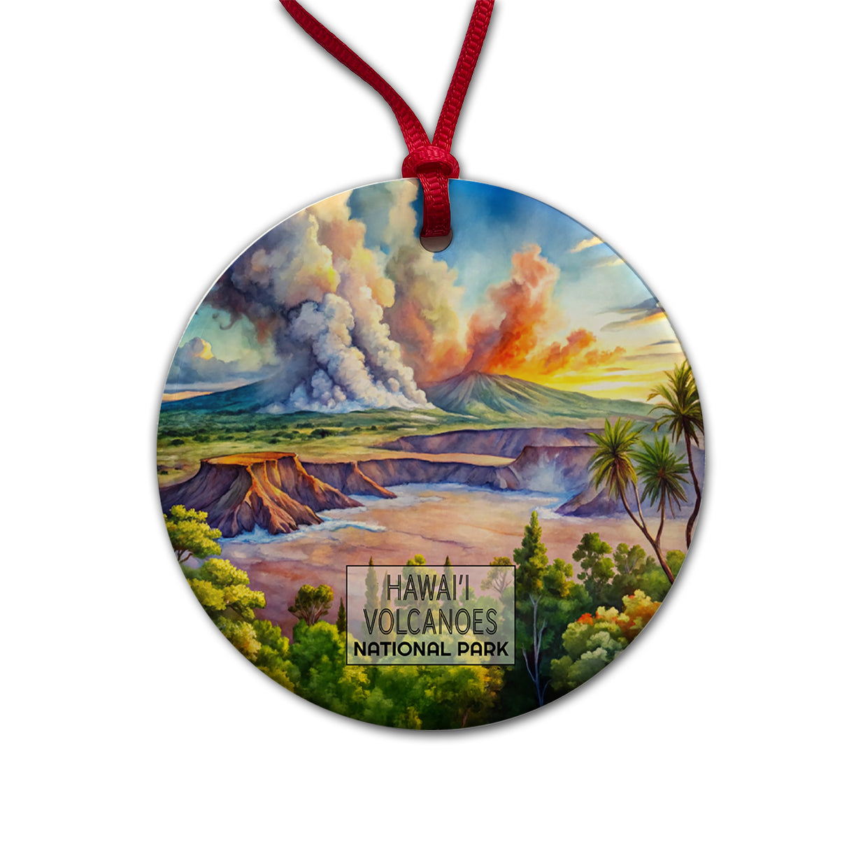 Hawaii Volcanoes National Park Watercolor Round Ceramic Holiday Christmas Tree Ornament