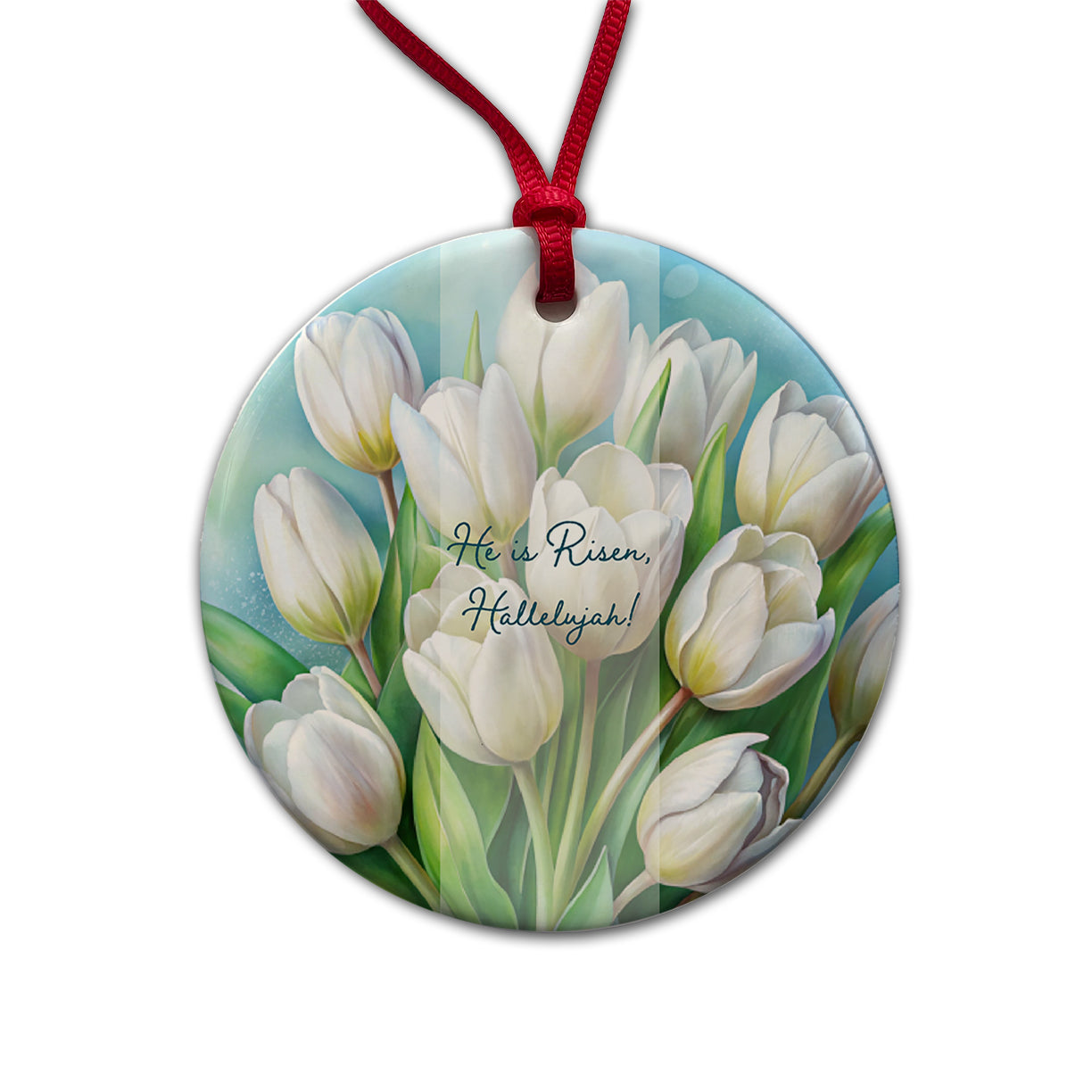 He Is Risen Hallelujah Easter Christian White Tulips Flowers Round Ceramic Holiday Christmas Tree Ornament