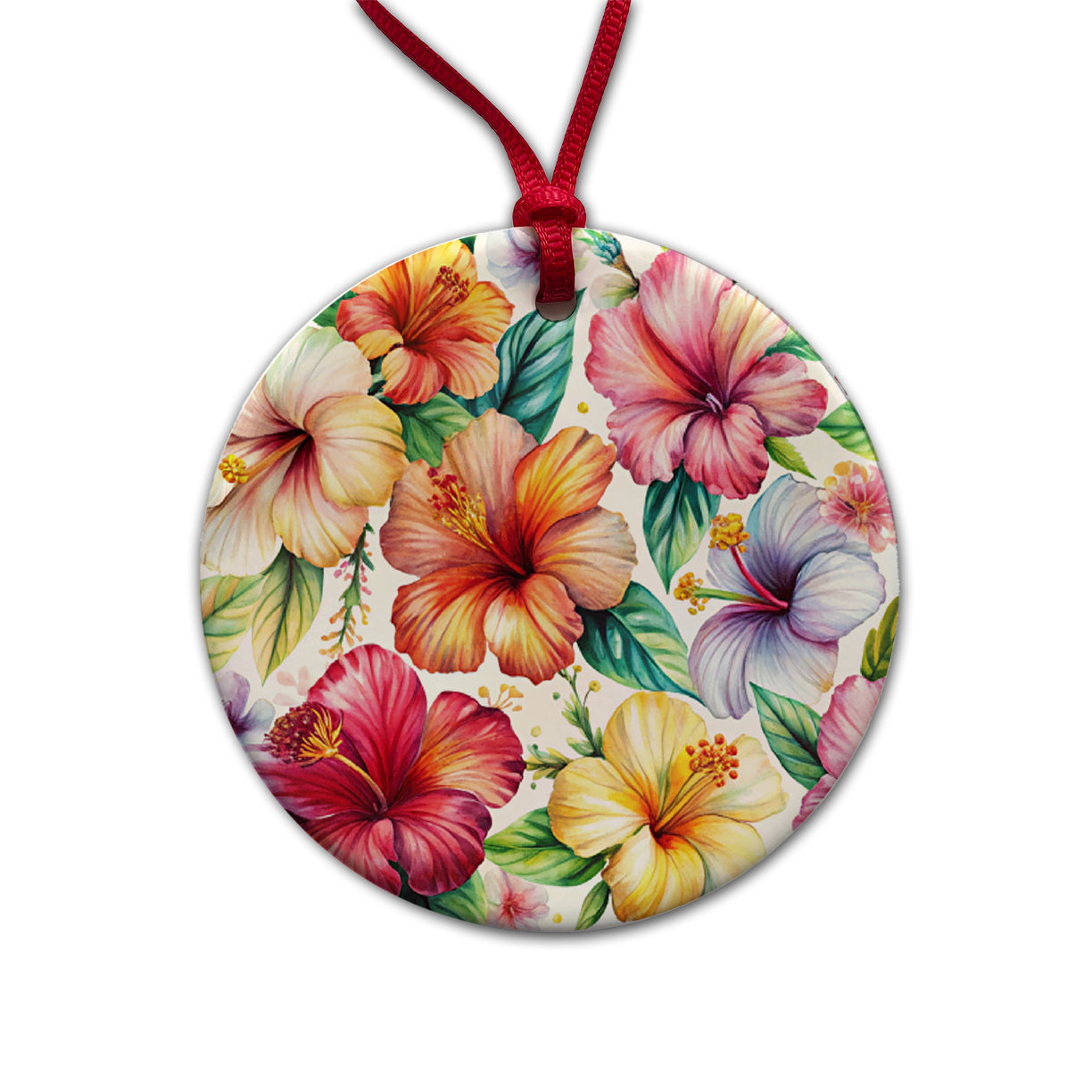 Hibiscus Tropical Flowers Watercolor Round Ceramic Holiday Christmas Tree Ornament